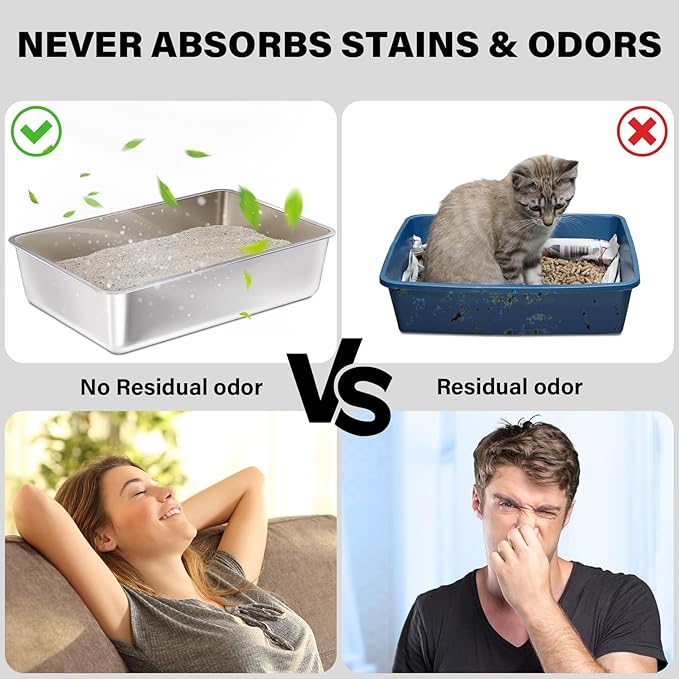 2 Pack Stainless Steel Cat Litter Box, 23.6"x15.8"x8" XXL Stainless Steel Litter Box 8 inch Deep, Extra Large Metal Litterbox for Big Cats, Non Stick Easy Clean Surface, High Sided