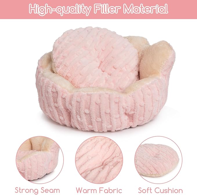 Hollypet Calming Cat Beds for Indoor Cats - Cute Cactus Pet Beds, Fluffy Puppy Bed, Non-Slip Extra Small Dog Bed, Pink