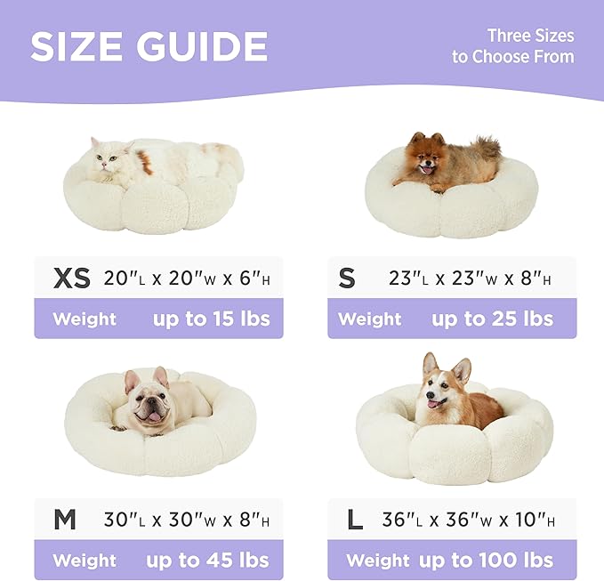 Lesure Calming Small Dog Bed - Flower Donut Round Fluffy Puppy Bed in Plush Teddy Sherpa, Non-Slip Cute Flower Cat Beds for Indoor Cats, Small Pet Bed Fits up to 25 lbs, Machine Washable, Cream 23"