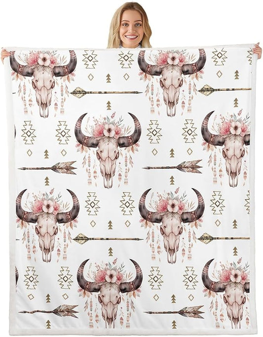 Feelyou Bull Skull Throw Blanket Girls Women Boho Arrow Floral Blanket Bohemian Wild Animal Skeleton Fleece Sherpa Blanket for Bed Couch Chair Decor Tribal Exotic Fuzzy Blanket SoftBaby 30"x40"