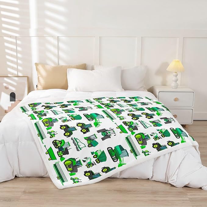 Equipment Trucks Sherpa Blanket Kids Boys Excavators Fleece Throw Blanket for Bed Sofa Couch Children Green Vehicle Plush Blanket Soft Construction Tractor Decor Fuzzy Blanket Twin 60"x80"