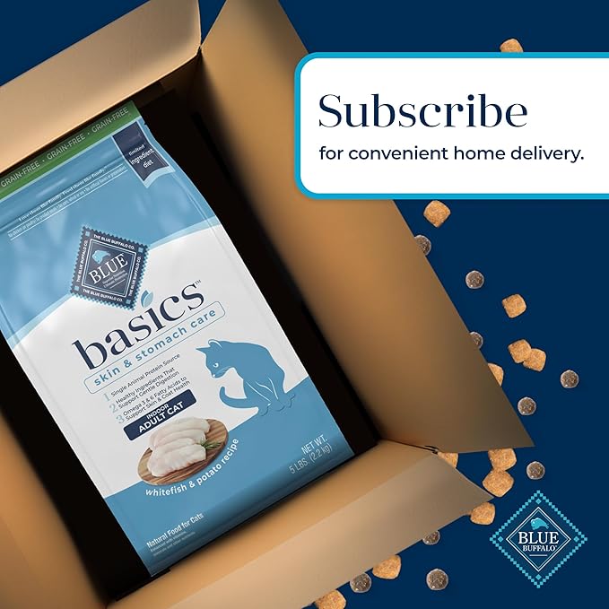 Blue Buffalo Basics Grain-Free Dry Cat Food, Skin & Stomach Care, Limited Ingredient Diet for Indoor Cats, Whitefish & Potato Recipe, 5-lb. Bag