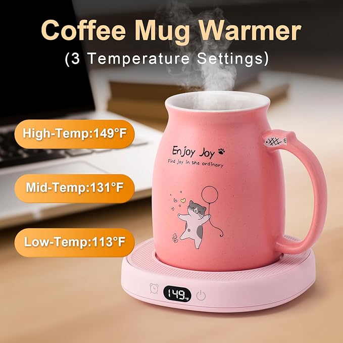 Bsigo Cute Cat Mug Set with Electric Smart Mug Warmer for Home & Office, Beverage Tea or Coffee Cup Warmer with 3-Temp Settings, 8H Auto Shut Off, Pink