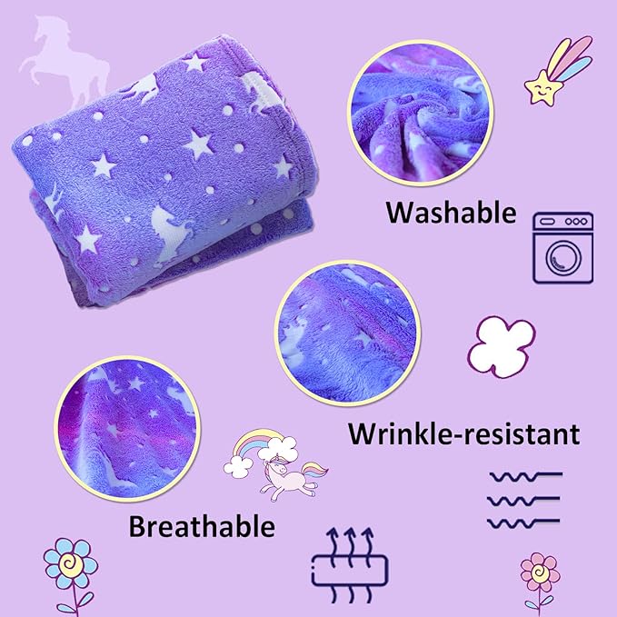 Unicorn Throw Blanket Glow in The Dark Blankets for Girls with Storage Bag, Best Gifts for Birthday Christmas Valentines, Girls Blanket Kids Blanket, Soft for Day Care Home Travel Use, 50"x60" Purple
