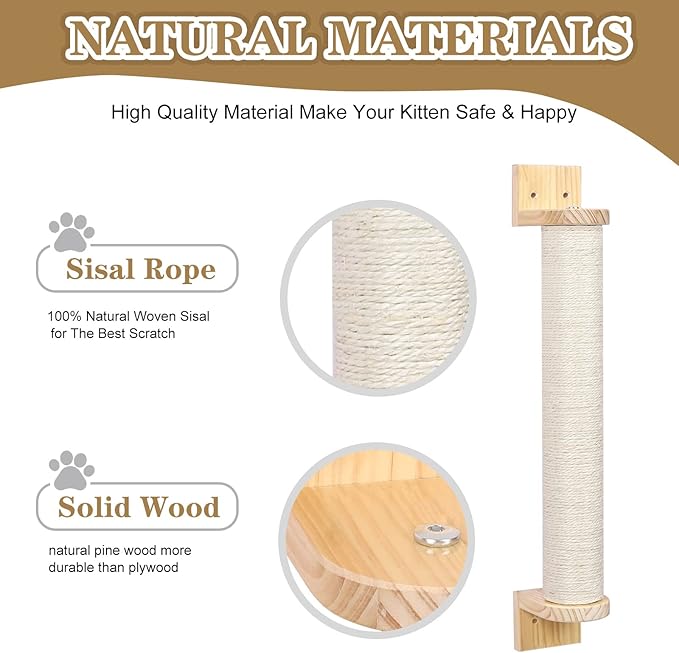 Wall Mounted Cat Scratching Post - 21'' Wooden Sisal Cat Scratcher,Hemp Rope Scratcher Posts for Indoor Cats or Kittens- Cute Modern Wall Mounted Cat Furniture