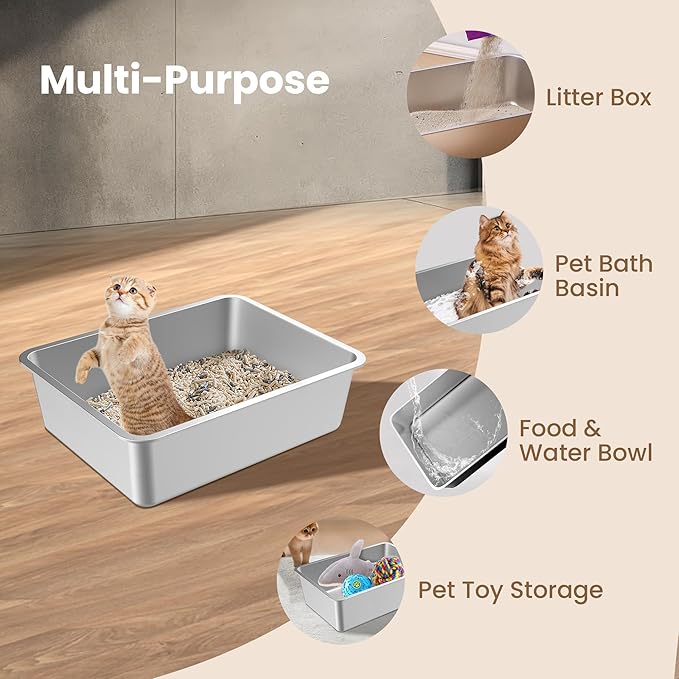 3 Pack Stainless Steel Cat Litter Box, Large Metal High Sides Litter Box for Kittens,19.7"x13.8"x5.9" Indoor Litter Tray Easy to Clean, Rust-Resistant, Odor-Free