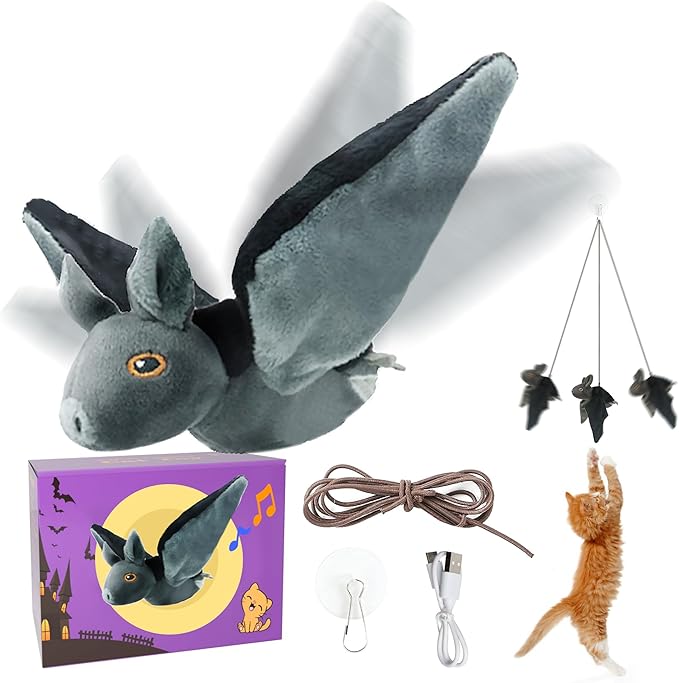 LEWISER Cat Toys, Rechargeable Intelligent Flapping Bat, Suitable for Cat Teaser Stick, Halloween Hanging Interactive Cat Toys for Indoor Cats Chase Exercise, Vivid Chirping, 3 Modes