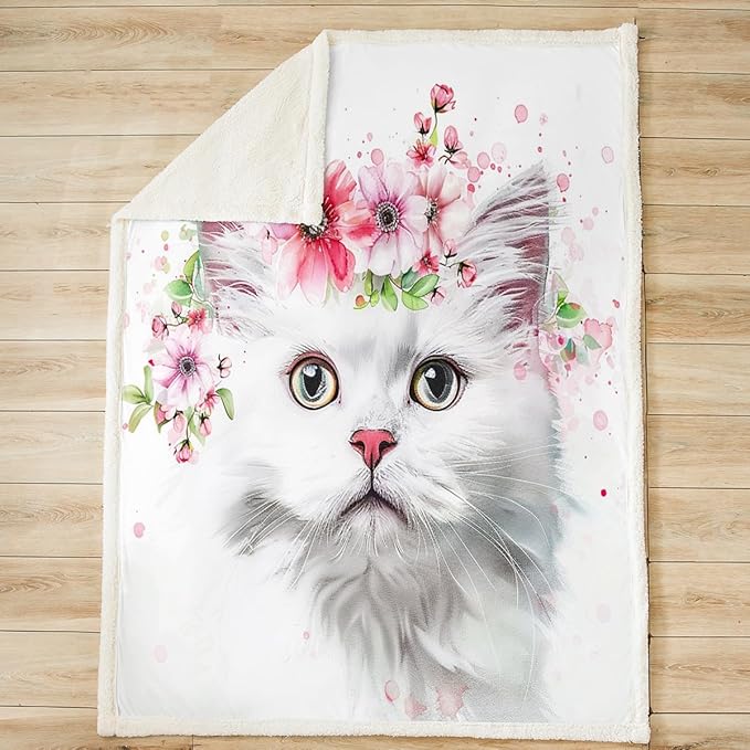 Cute Cat Plush Blanket White Pet Cat Fleece Throw Blanket Colorful Flowers Cartoon Cat Sherpa Blanket for Sofa Couch Bed 3D Animal Theme Cat Lovers Fuzzy Blanket Room Decor Baby 30x40 Inch