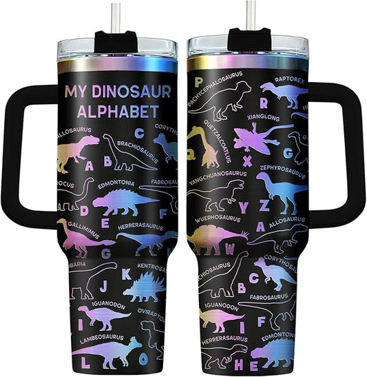 34HD 40oz Glitter Dinosaur Tumbler with Handle and Straw, 40oz Vacuum Insulated Dinosaur Alphabet Coffee Mug, Animal Lover Gifts for Kids Boys Girls Women Mothers Day