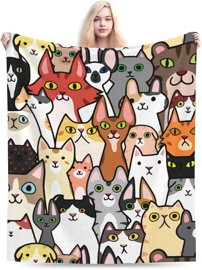 Cat Face Cute Animal Cartoon Blanket, Soft Blankets Flannel Bed Throw Cozy Lightweight Plush Gifts for Kids Boys Girls Women Men Sofa Couch Bedroom Living Rooms Warm All Season, Home Decor, 60"x50"