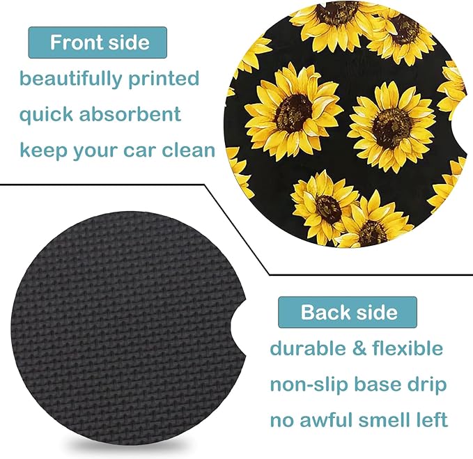 Car Coasters for Cup Holders,2 Pack Sunflowers Leopard Car Cup Holder Coasters,2.75" Universal Size Anti Slip Rubber Mat,Sunflowers Gifts for Women,Mom,Her,Wife,Girlfriend