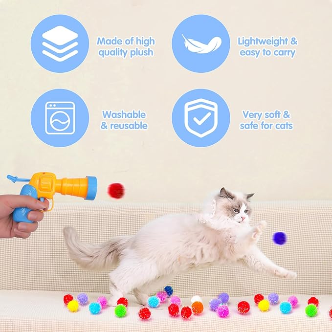 BooTaa Pet Toys, Interactive Cat Toy Set, 80pcs Glitter Pom-Poms Cat Ball Toy with 1 Launcher, Safe Soft Cat Toy Balls for Fetch, Training, Playing