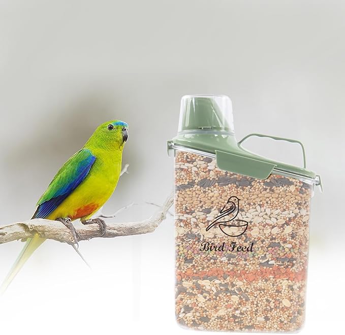 Bird Seed Storage Container,2.8L Airtight Bird Food Container with Handle and Measuring Cup,Portable Pet Food Container for Wild Bird Sunflower Seed-BPA Free Transparent/Green