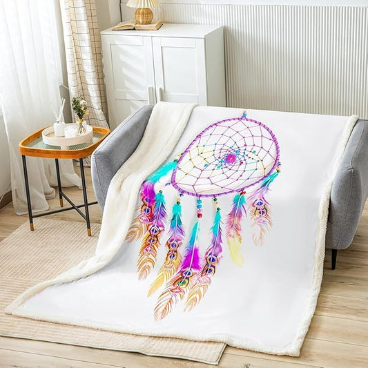 Dreamcatcher Fleece Throw Blanket Boho Dream Catcher Decor Plush Blanket for Sofa Couch Bed Decor Indian Hippie Feather Sherpa Blanket Chic Luxury Tribal Elements Fuzzy Blanket Baby 30x40 Inch