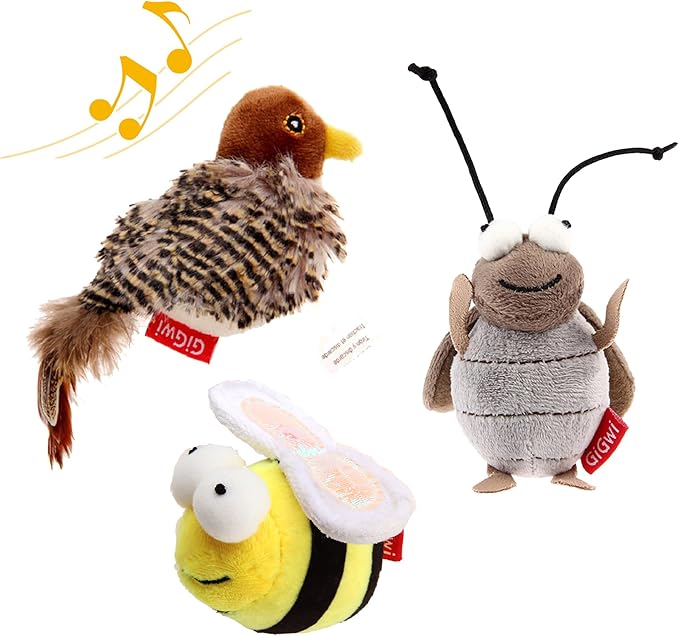 Gigwi Automatic Cat Toys Pack, Interactive Cat Toys Electronic Squeaky Animals Bird/Cricket/Bee, Plush Toys for Cats to Play Alone, Play and Squeak Cat Toys for Indoor Cats Boredom, 3 Pcs