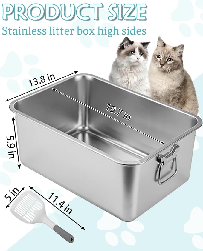 BNOSDM Large Cat Litter Box Stainless Steel 19.7"x13.8"x6" Metal Cat Litter Pan with Handles, High Sides Cats Toilet with Litter Sifting Scoop for Cats Rabbits