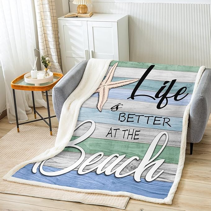 Beach Theme Sherpa Blanket,Cute Starfish Blanket Sea Ocean Themed Throw Blanket for Bed Chair Throw Size Coastal Sealife Fleece Blanket,Vintage Rustic Farmhouse Decor Colorful Stripe Living Room Decor