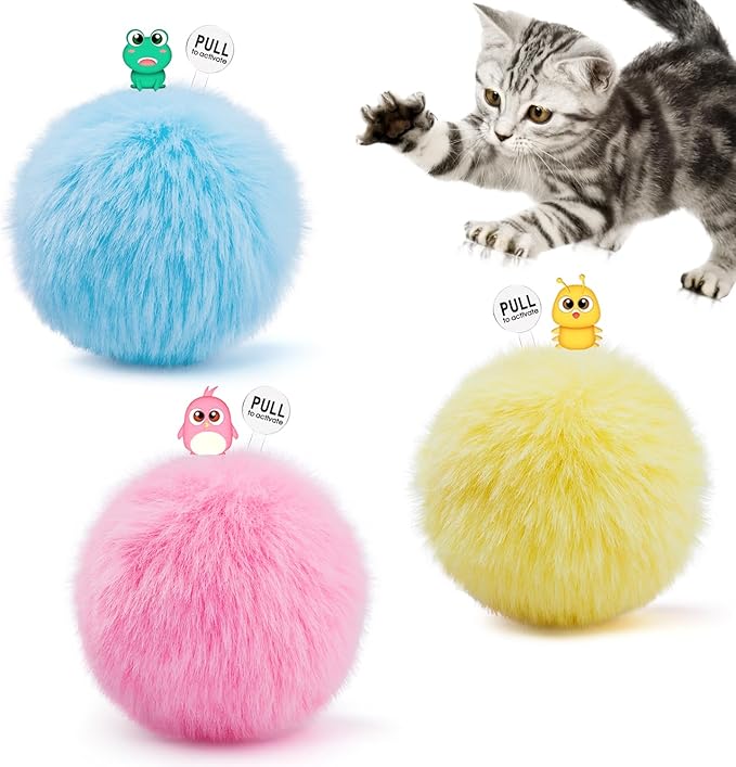 Potaroma Chirping Cat Toys Balls with SilverVine Catnip, Upgraded, 3 Pack Fluffy Interactive Cat Kicker, 3 Lifelike Animal Sounds, Kitty Kitten Catnip Exercise Toys