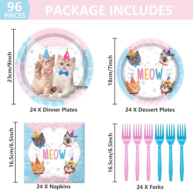 96PCS Cat Party Decorations Kitten Birthday Tableware Cat Paper Plates Meow Plates Napkins Dinnerware for Pet Kitten Baby Shower Party Supplies, Serves 24