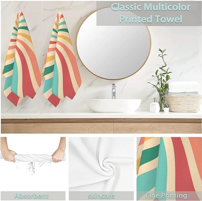 Boho Sunshine Hand Towels Set of 2,Groovy Retro Swirl Soft Fingertip Bath Towel Small Face Washcloths Decor Kitchen Towel for Hotel Spa Gym Sport 28x14in