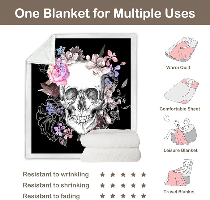Sleepwish Fleece Throw Blanket Skull Rose Sherpa Blanket Gift for Women Girl Fuzzy Black Pink Flower Blanket for Couch Chair, Queen (90" X 90")