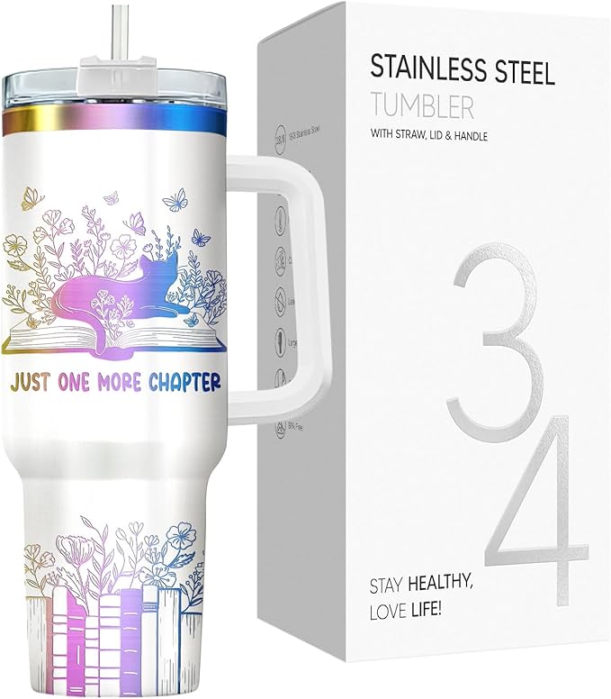 34HD Engraved Cat Mom Tumbler with Handle and Straw, 40oz Cute Gradient Book Cup Stainless Steel, Bookworm Coffee Mug, Cat and Book Birthday Gifts for Women Men Friends