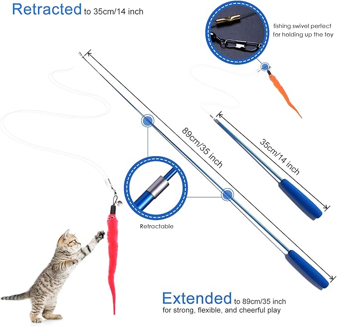Retractable Cat Toys Wand with 5 Piece Teaser Refills, Interactive Cat Feather Toy for Cat Kitten Having Fun Exerciser Playing