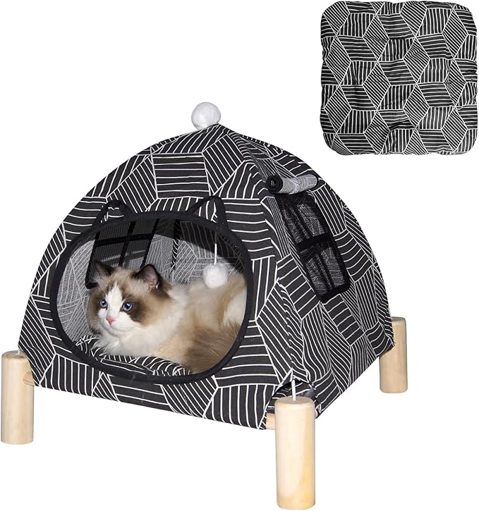 Pozico 2 in 1 Cat Bed Tent Wooden Frame Cat Teepee Cat Hammock, Quick Assembly and Disassembly, Portable Indoor/Outdoor Pet Dog Tent House for Cats Puppies Small Animals:Black Diamond Tent
