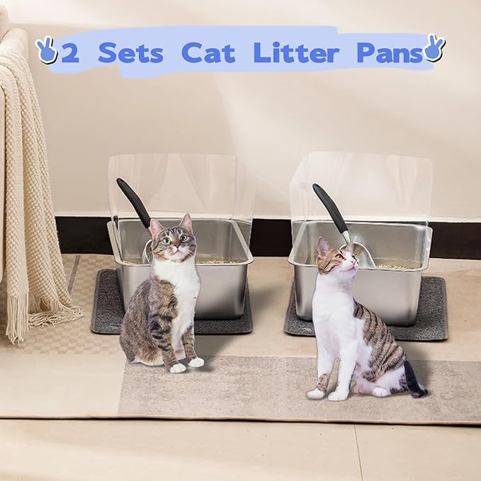 2 Sets Stainless Steel Cat Litter Box with High Sides Cat Litter Tray, Metal Cat Litter Pans with Plastic Shield Easy to Clean Cat Litter Scoops Cat Litter Mats 17.7x13.8x5.9inch