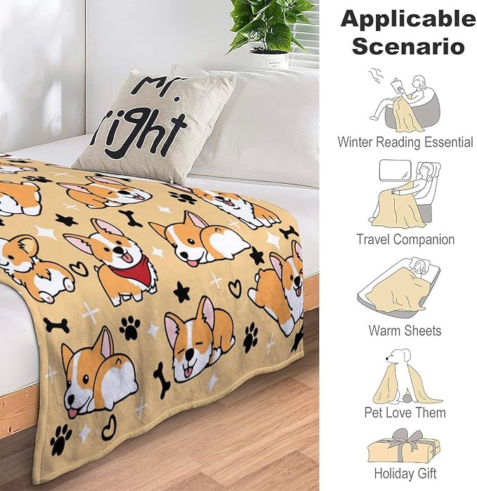 Cute Corgi Blanket Puppy Dog Pattern Blankets Bedding Soft Lightweight Flannel Throw Blankets Gifts for Corgi Lovers Kids Adults 80"X60"