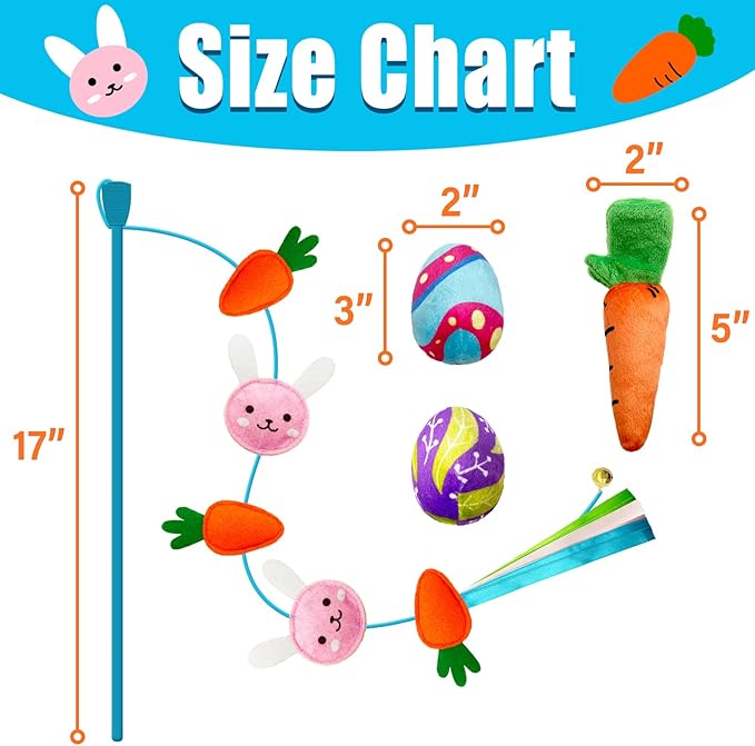 4 Pack Easter Cat Toys, Bunny Cat Wand Toy with Bell, Easter Egg Catnip Toys with Crinkle, Easter Gifts for Indoor Cats & Kitten & Kitty