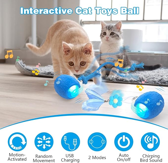 Indoor Cat Toys Ball: Automatic Rolling Ball with Motion-Activated Chirping for Engaging Cats -USB Rechargeable