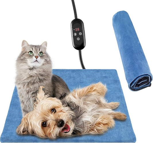 Pet Heating Pad for Cats,2 Velevt Covers Indoor Outdoor Waterproof Electric Heated Pad Mat for Dogs with Chew Resistant Cord,5 Timer and 6 Level Temperature Pet Bed Warmer-17.7x17.7