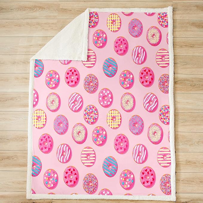 Chocolate Doughnut Plush Blanket - Whimsical Dessert Print Fleece Throw for Bed, Couch, Sofa Decor - Chic Bright Kawaii Pink Sherpa Fuzzy Blanket 40"x50"