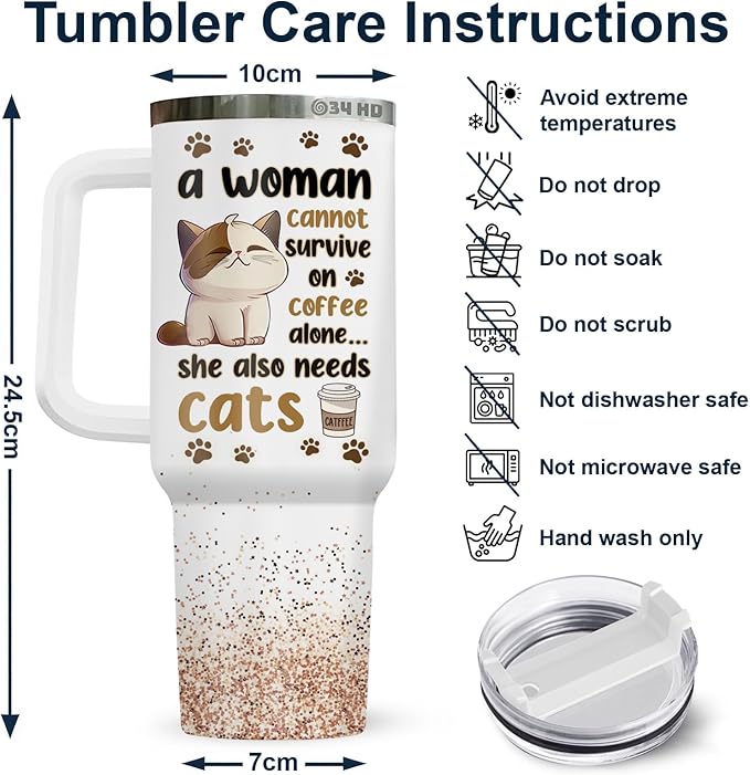 34HD Cat Lady Tumbler with Lid & Straw, 40oz Stainless Steel Vacuum Insulated Coffee Mug with Cats, Cute Kitty Gifts for Her Women, Cat Mom Gifts for Birthday Mothers Day Christmas
