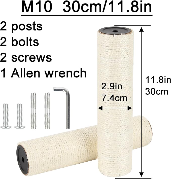 2.9in 7.4cm Diameter Cat Scratching Post Replacement Sisal Pole Parts for Cat Tower (M10, 30cm/11.8in)