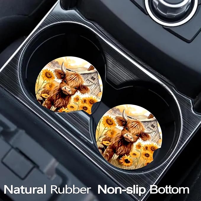 Car Coasters for Cup Holders,2 Pack Highland Cow Car Cup Holder Coasters,2.75" Universal Size Anti Slip Rubber Mat,Automotive Cup Holder Decor Accessories,Cow Print Gifts for Women,Men,Mom,Her