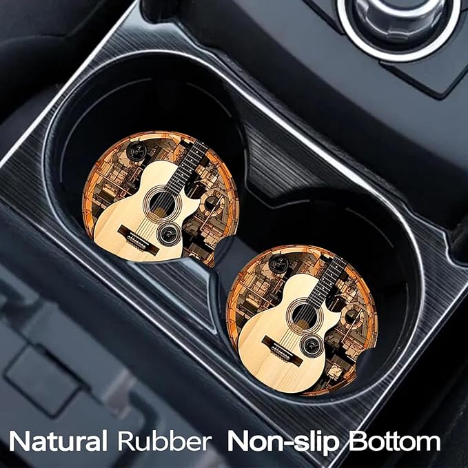 Car Coasters for Cup Holders,2 Pack Guitar Car Coasters,2.75" Universal Size Anti Slip Rubber Mat,Automotive Cup Holder Decal Decor Accessories,Guitar Gifts for Women,Men,Mom