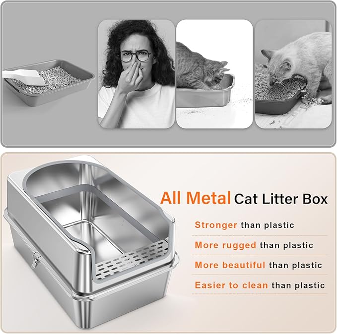 All Stainless Steel Litter Box with Metal Lid- Large Enclosed Metal Litter Boxes for Big&Multiple Cats,Anti Urine Leakage,Odor Free,Easy to Clean (2XL)