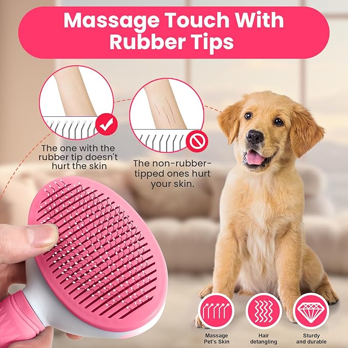 Cat & Dog Grooming Essentials: Self-Cleaning Slicker Brush for Shedding, Long Hair & Clicker for Training (PINK)