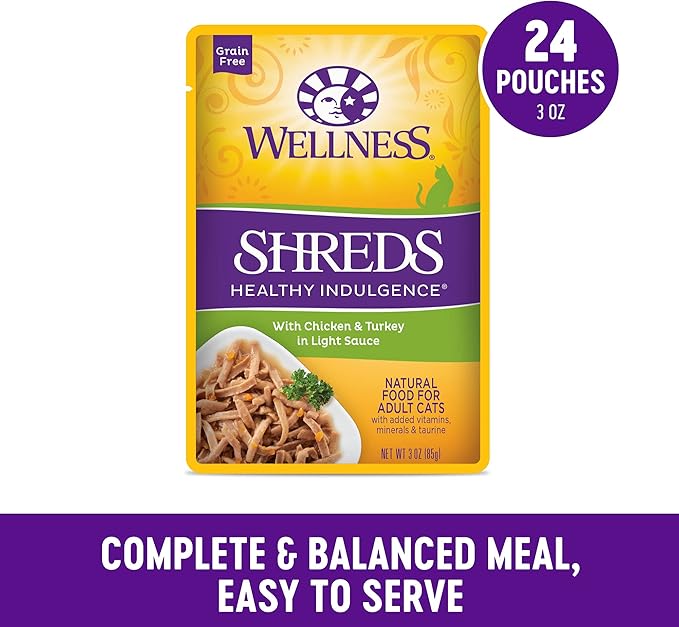 Wellness Healthy Indulgence Shreds Grain-Free Wet Cat Food, Made with Natural Ingredients and Quality Proteins, Complete and Balanced Meal, 3 oz Pouches (Chicken & Turkey in Light Sauce, 24 Pack)