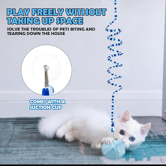 Audoloku 3 Pcs Cat Spring Toys with Self Adhesive Suction Cup Door Ceiling Hanging Cat Toy Interactive Kitten Coil Toys for Indoor Cat Ball Toys with Bell, Foldable Plush Rope Tail Cat Teaser Toy