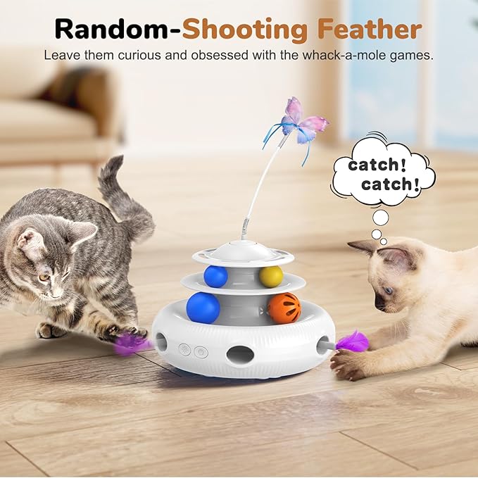 Cat Toys, 4-in-1 Rechargeable Automatic Interactive Cat Toy with Fluttering Butterfly, Random Moving Ambush Feather, Two-Tier Track Balls, 5H Smart Standby, Touch-Activated (White)