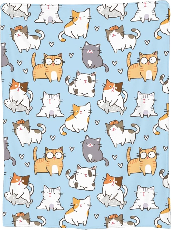 Cute Kids Cats Print Blanket Throw 50"x40", Plush Flannel Blankets with Cats on It, Gifts for Boys Girls Cat Lovers People