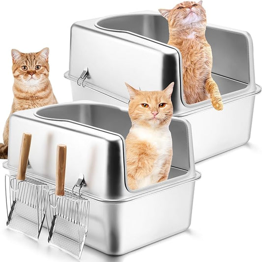 2 Set Stainless Steel Cat Litter Box with Metal Lid and Scoop Enclosed Metal Litter Box for Large Cats Extra Large Stainless Steel Litter Box for All Cats Odor Control, Easy to Clean