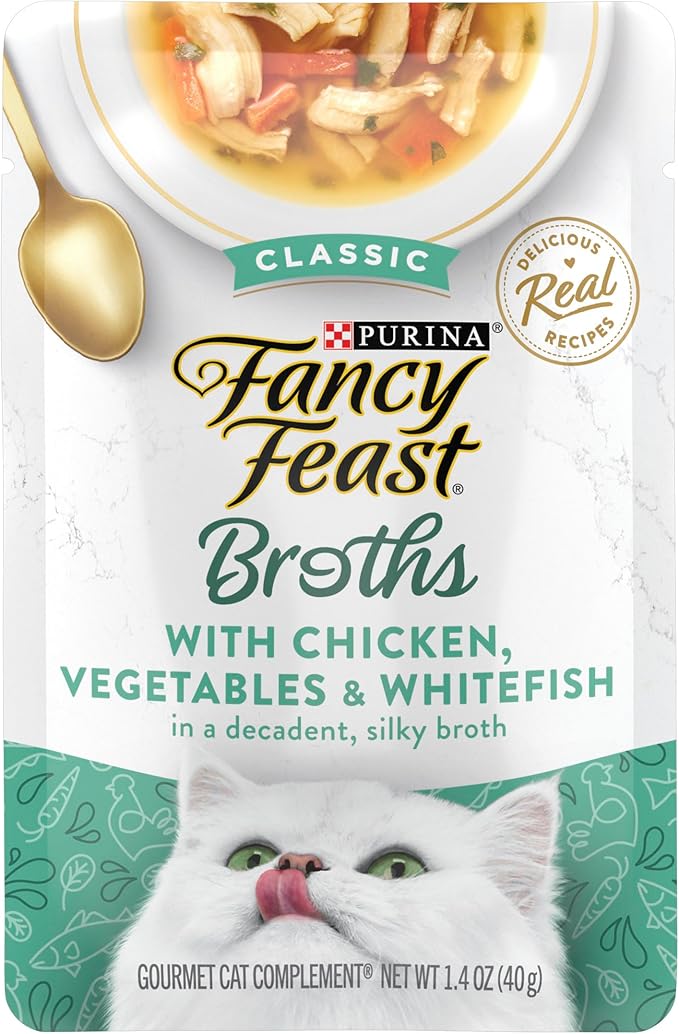 Purina Fancy Feast Lickable Wet Cat Food Broth Topper Classic, Chicken, Vegetables and Whitefish - (Pack of 16) 1.4 oz. Pouches