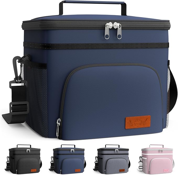 HOTOR Insulated Lunch Box for Men & Women - Leak-Proof Cooler Lunch Bag with 4 Pockets, Adjustable Strap, Ideal for Work, Picnic, Travel - Medium, Navy Blue, 10.2"×6.9"×8.5"