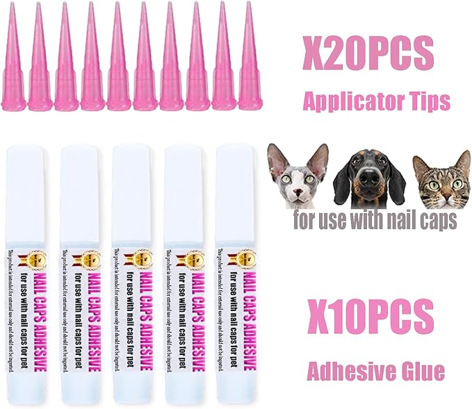 10pcs of Special Pet Nail Adhesive Glues & 20pcs of Applicator Tips for Cat Nail Caps and Dog Nail Caps