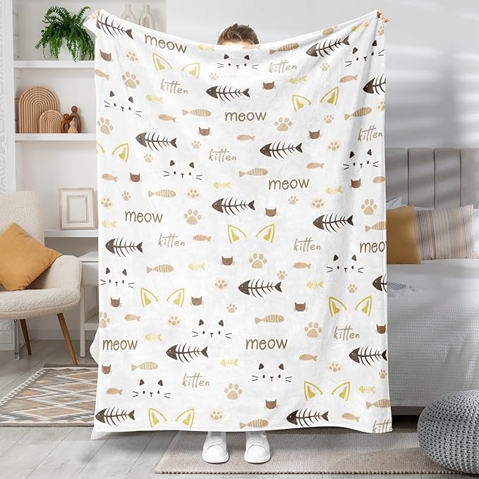 Cat Blanket Cute Pet Kitten Print Blankets Cats Lovers Throw Blanket Cat with Fish Plush Throws Blanket Ultra Soft Flannel Fleece Throw Blanket for Couch Sofa Bed 60 X 80 inch