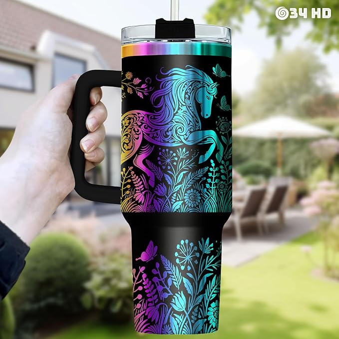 34HD Laser Engraved Horse Tumbler with Handle & Straw, 40oz Stainless Steel Double Wall Vacuum Insulated Cowgirl Travel Mug, Horse Lover Gifts for Girl Women Cowgirl Daughter